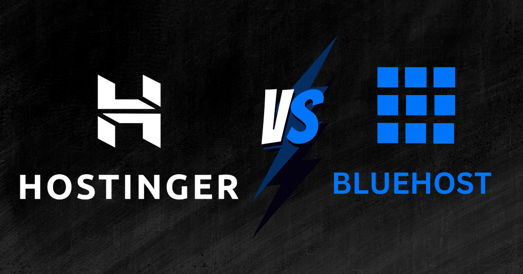 Comparison image featuring Hostinger and Bluehost logos with a 'VS' graphic, symbolizing a detailed analysis of their services.