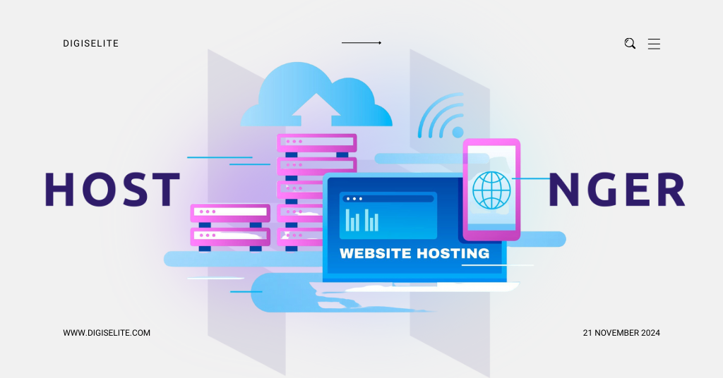 Hostinger logo featuring a laptop and smartphone, illustrating powerful website hosting solutions with server icons.